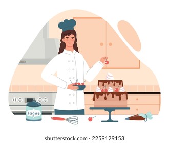 Pastry chef concept. Woman prepares cake, decorates cake with cream and cherries. Sweetness, dessert idelicacy. Gift for holiday or festival. Cafe or restaurant. Cartoon flat vector illustration