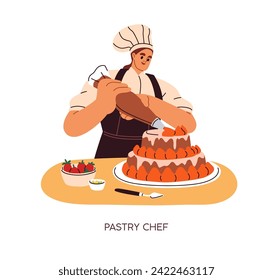 Pastry chef, confectioner cooking cake. Baker decorating dessert with cream from confectionery bag. Kitchen worker preparing, making sweet food. Flat vector illustration isolated on white background