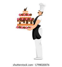 pastry chef. the cook made the cake. a man with a dish in his hands. vector image