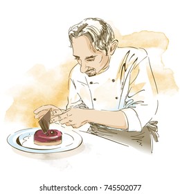 Chef pastelero cocinando el desierto. Ilustración vectorial dibujada a mano sobre fondo artístico de acuarela.