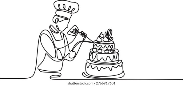 The pastry chef decorates the cake with cream using a pastry bag.one line drawing vector illustration