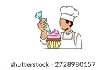 Pastry chef decorates cupcake with pink frosting using piping bag