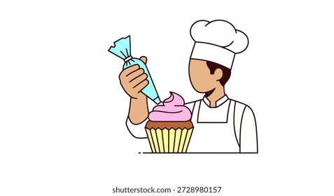 Chef de pastelaria decora cupcake com cobertura rosa usando saco de tubulação