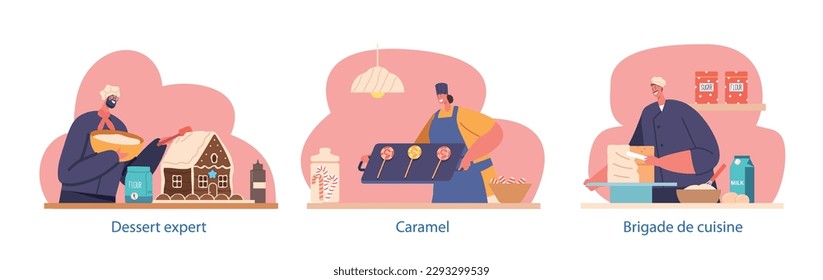 Chef De Pastelería Y Personajes De Expertos En Postres Crean Panadería, Pasteles, Lolípops, Casa De Pan De Ginger Con Diseños Únicos