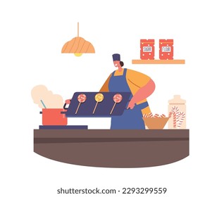 Pastry Chef Female Character Cooking Caramel Lollipops on Kitchen. Woman Makes Delightful Desserts, Vector Illustration