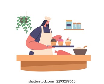 Pastry Chef Female Character Producing Delicious Desserts, And Baked Goods With Intricate Designs Vector Illustration