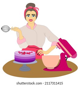 pastry chef girl, baker holds whisk in her hands, cooked cake on platter is on the table and planetary mixer. Culinary master class. Suitable for cover art, advertising, blog, menu. Vector