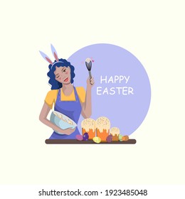 The pastry chef girl is engaged in the production of Easter cupcakes. Holiday, postcard, layout.