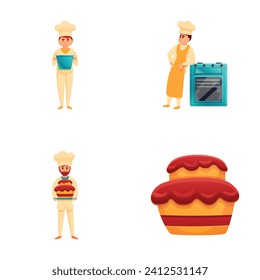 Pastry chef icons set cartoon vector. Professional confectioner making cake. Confection, sweet food
