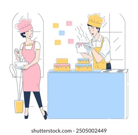 Pastry chef at kitchen. Man and woman preparing homemade cakes. Pastry and bakery. Dessert and delicacy. Catering occupation. Team of bakers with ingredients. Linear vector illustration