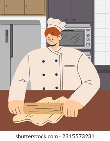 Chef pastelero amasando masa de pan en la cocina. Proceso de Cocina. Ilustración vectorial con estilo de dibujos animados planos.