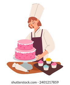 The pastry chef makes a cake. Confectioner character decorates the cake. Flat vector illustration