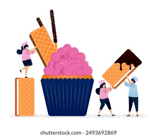Pastry chef makes cupcake with pink icing valila cream sandwich and chocolate coated biscuit strips. Illustrations can be used for pastry stores, restaurant flyers, birthday banners