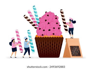 Pastry chef makes cupcakes with full bag of chocolate chips topping and colorful straw wafer. Illustrations can be used for pastry stores, restaurant flyers, birthday banners