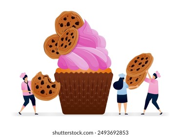 Pastry chef makes cupcakes with pink icing topping and layered chocolate chip cookies. Illustrations can be used for cookbook covers, banners, flyer, ads