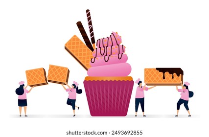 Pastry chef makes cupcakes with pink icing, chocolate source, sprinkles nuts and chocolate wafers. Illustrations can be used for pastry stores, restaurant flyers, birthday banners