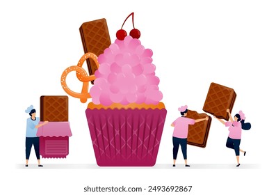 Pastry chef makes cupcakes with pink cream topping, chocolate wafer layer and salted pretzel. Illustrations can be used for pastry stores, restaurant flyers, birthday banners