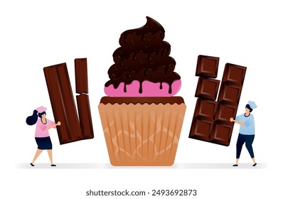 Pastry chef makes cupcakes with pink icing topping and melted chocolate bar glaze. Illustrations suitable for print, newspaper, cover, magazine, flyer, brochure