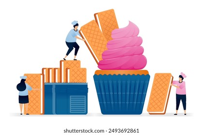 Pastry chef makes cupcakes with strawberry icing topping and vanilla sandwich biscuits. Illustrations can be used for pastry stores, restaurant flyers, birthday banners