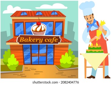 Pastry chef making cream cake for bakery cafe. Smiling man confectioner in apron preparing dessert, adding cream to cake. Chef works with kitchen equipment to prepare sweet dessert for confectionery