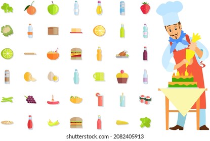 Pastry chef making cream cake. Smiling man in apron preparing dessert food, products icons. Confectioner whips ingredients for dish. Chef works with kitchen equipment to prepare food