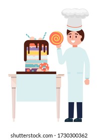 Pastry chef male character cake maker, cooking sweet bakery food isolated in white, flat vector illustration. Male professional confectioner in hat hold lollipop, big delicious muffin biscuit.