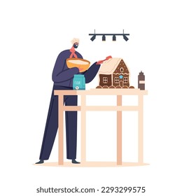 Pastry Chef Male Character Use Diverse Ingredients And Techniques, Creates Delectable Gingerbread House Dessert