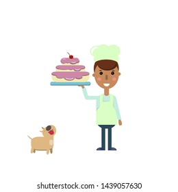 
pastry chef on hand masterpiece high tier yummy cake with cherry dog ​​illustration multicolor cartoon style
