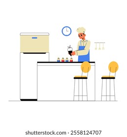 Pastry Chef Preparing Cupcakes On A Pastry Counter In Flat Vector Illustration Symbolizing Baking, Culinary Arts, And Dessert Preparation, Isolated On White Background