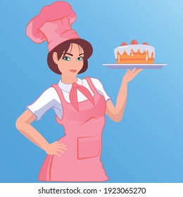 Pastry chef presents his cake in front of customers on a blue background vector EPS 10.
