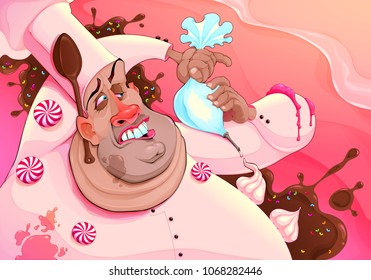 A pastry chef with some troubles. Vector cartoon funny illustration.