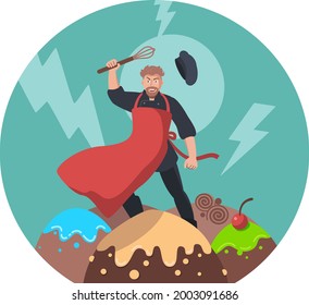 Un pastelero chef se sienta en una torta de montaña como Thor God of Thunder. Ilustración del vector