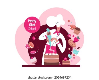 Pastry chef, sweets, pastries. A master class, Pastry Chef School, a chef decorates a confectionery product. Vector illustration.