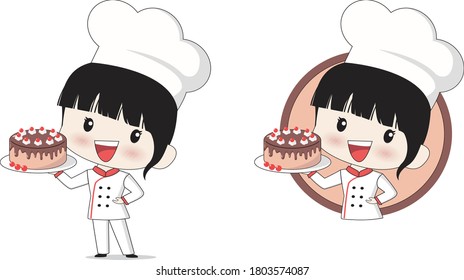 Pastry chef. Vector illustration of a pretty girl showing delicious chocolate cake