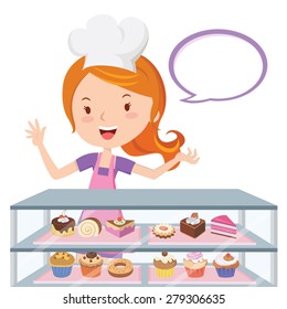 Chef pastelero. Imagen vectorial de una linda chica en la confitería.