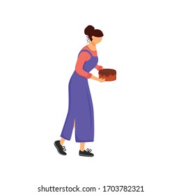 Pastry chef, woman with cake flat color vector faceless character. Sweet bakery cooking, confectionary preparation isolated cartoon illustration for web graphic design and animation