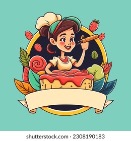 Pastry chef woman making creamy cakes. Cartoon vector illustration. isolated background, label, sticker