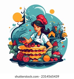 Pastry chef woman making creamy cakes. Cartoon vector illustration. isolated background, label, sticker
