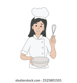 Pastry chef woman in uniform and chef's hat, clip art. Cute female character cooking sweet pastry or dessert isolated on white background. Positive cook, vector graphics