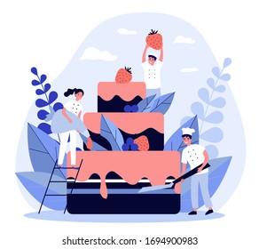 Pastry chefs cooking big birthday cake. Bakers decorating dessert with pink glaze and berries. Vector illustration for menu, bakery, confectionery concept