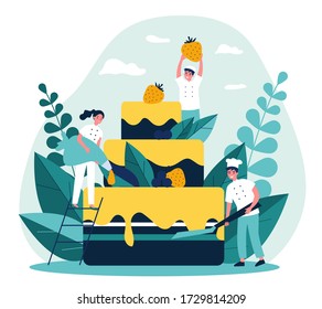 Pastry chefs cooking big birthday cake. Bakers decorating dessert with pink glaze and berries. Vector illustration for menu, bakery, confectionery concept
