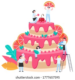 Pastry chefs decorating big wedding or birthday cake with fruit slices and icing. Vector illustration for celebration, party, confectionery, bakery, cooking dessert job concept
