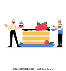 Pastry Chefs Decorating A Layered Cake With Roses In Flat Vector Illustration Symbolizing Baking, Culinary Art, And Celebration, Isolated On White Background