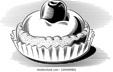 A pastry with cherry, on a background, black and white vector.