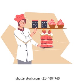 Camión de pastelería o panaderos de pan con producción horneada en un fondo abstracto, ilustración vectorial de dibujos planos aislados en fondo blanco. Bakehouse o profesional de dulces.