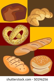 Pastry: chocolate cake, croissant, bun, loaf of bread