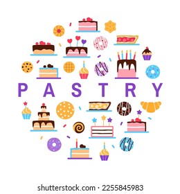 Pastry circle concept with text space on white background. Colorful baked healthy food set design. Dessert elements donut cake muffin croissant for cafe restaurant menu flat vector illustration.