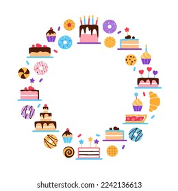 Pastry circle frame concept on white background. Colorful elements border with text space. Pastries patisserie for cafe restaurant menu banner design. Cake donut bun croissant pie vector illustration.