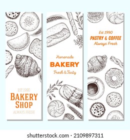 Pastry and coffee banner set. Coffee house menu. Illustration of different baked goods. Hand drawn vector illustration. Bakery sketch. Background template for design. Engraved food image.