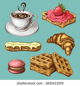 Pastry With Coffee Clipart. Color Sketch Of Sweet Breakfast Isolated. Drawn Sweet Pastries With Coffee Cup. Vintage Illustration Of Croissant, Eclair, Waffers, Macaroon. Traditional French Cuisine Set